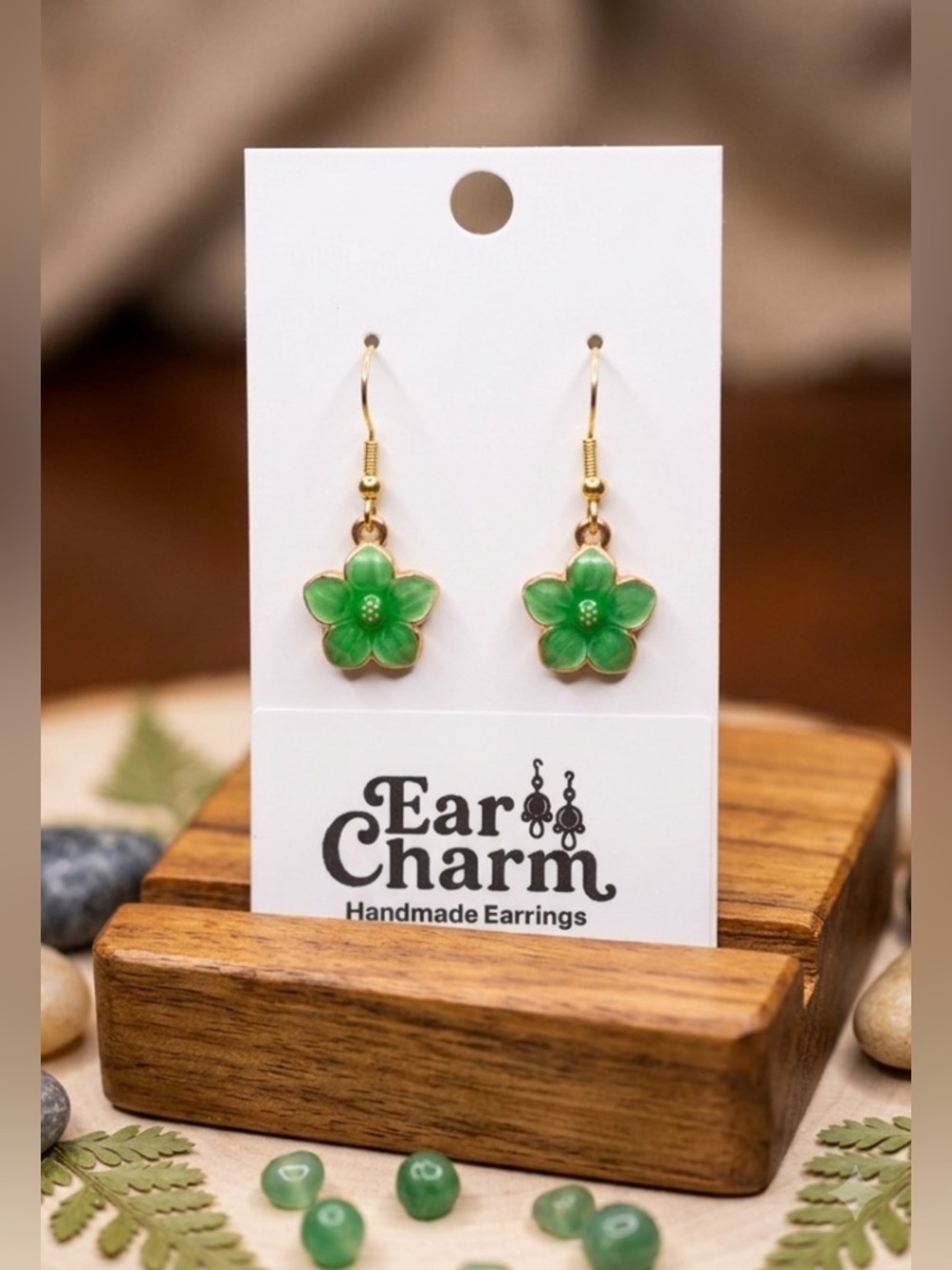 New Green Flower Drop Earrings - Gold Tone